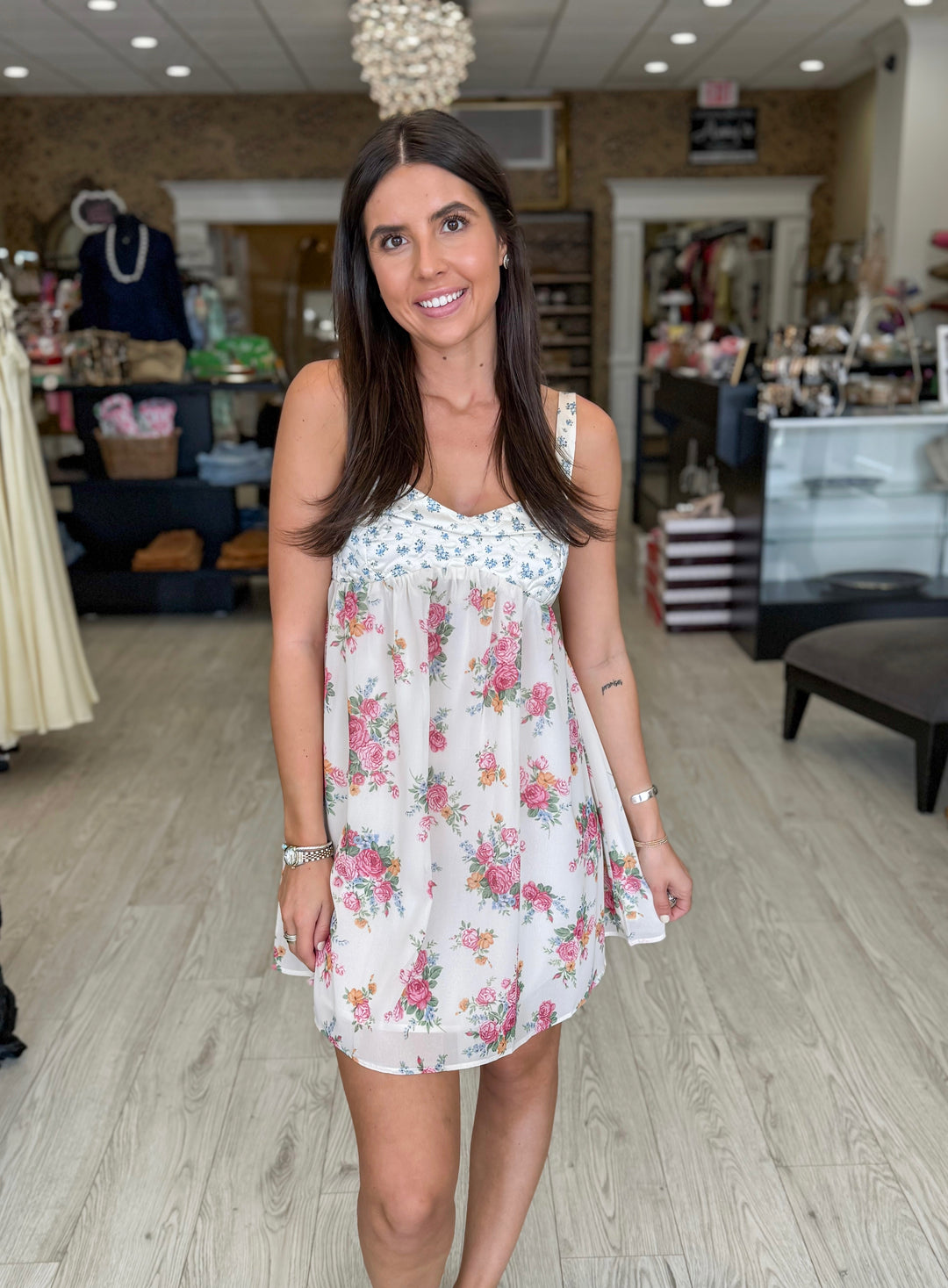 knee length dresses for ladies Monte Cristi High Neck Sleeveless Mini Dress Floral Print Green– Selfie  Leslie main image 0